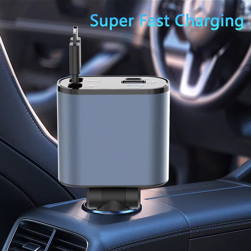 2024 New Retractable Car Charger 120W Fast Charger 4-In-1 Fast Charging Car Phone Charger 2 USB Ports Car Charger Adapter