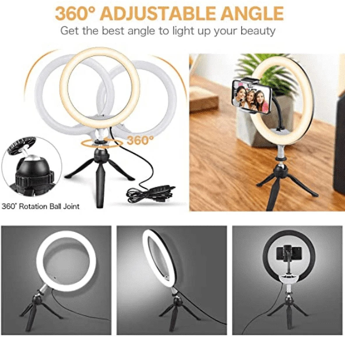 10" LED Selfie Ring Light with Tripod Stand & Phone Holder, Dimmable Desk Makeup Ring Light, Perfect for Live Streaming & Youtube Video, Photography, 3 Light Modes and 11 Brightness Levels