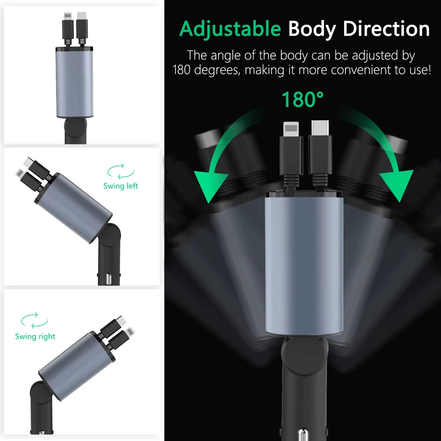 2024 New Retractable Car Charger 120W Fast Charger 4-In-1 Fast Charging Car Phone Charger 2 USB Ports Car Charger Adapter