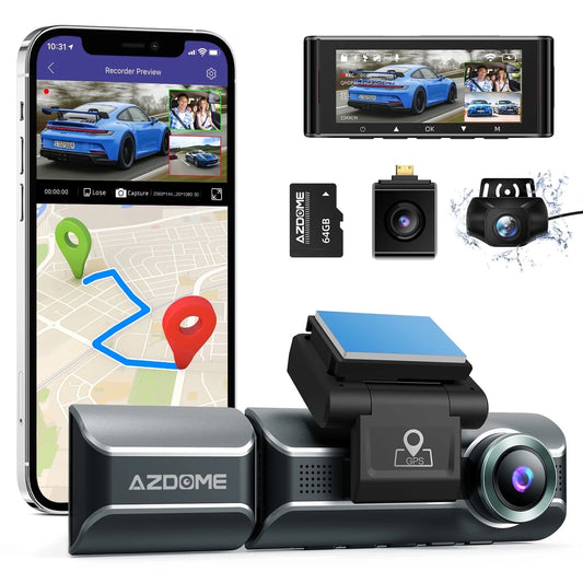 3 Channel Dash Cam with 4K Wifi , Dual Front and Rear for Car 4K+1080P Free 64GB Card, Built-In GPS 24H Parking Mode IR Night Vision WDR 3.19" IPS, Max up Support to 256GB, Easy to Install