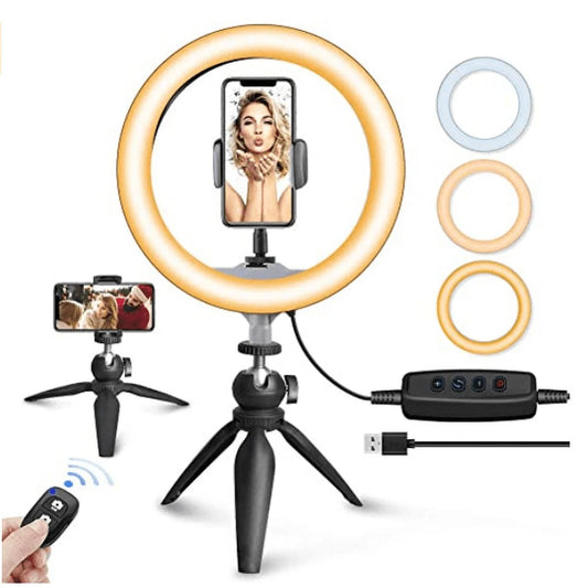 10" LED Selfie Ring Light with Tripod Stand & Phone Holder, Dimmable Desk Makeup Ring Light, Perfect for Live Streaming & Youtube Video, Photography, 3 Light Modes and 11 Brightness Levels