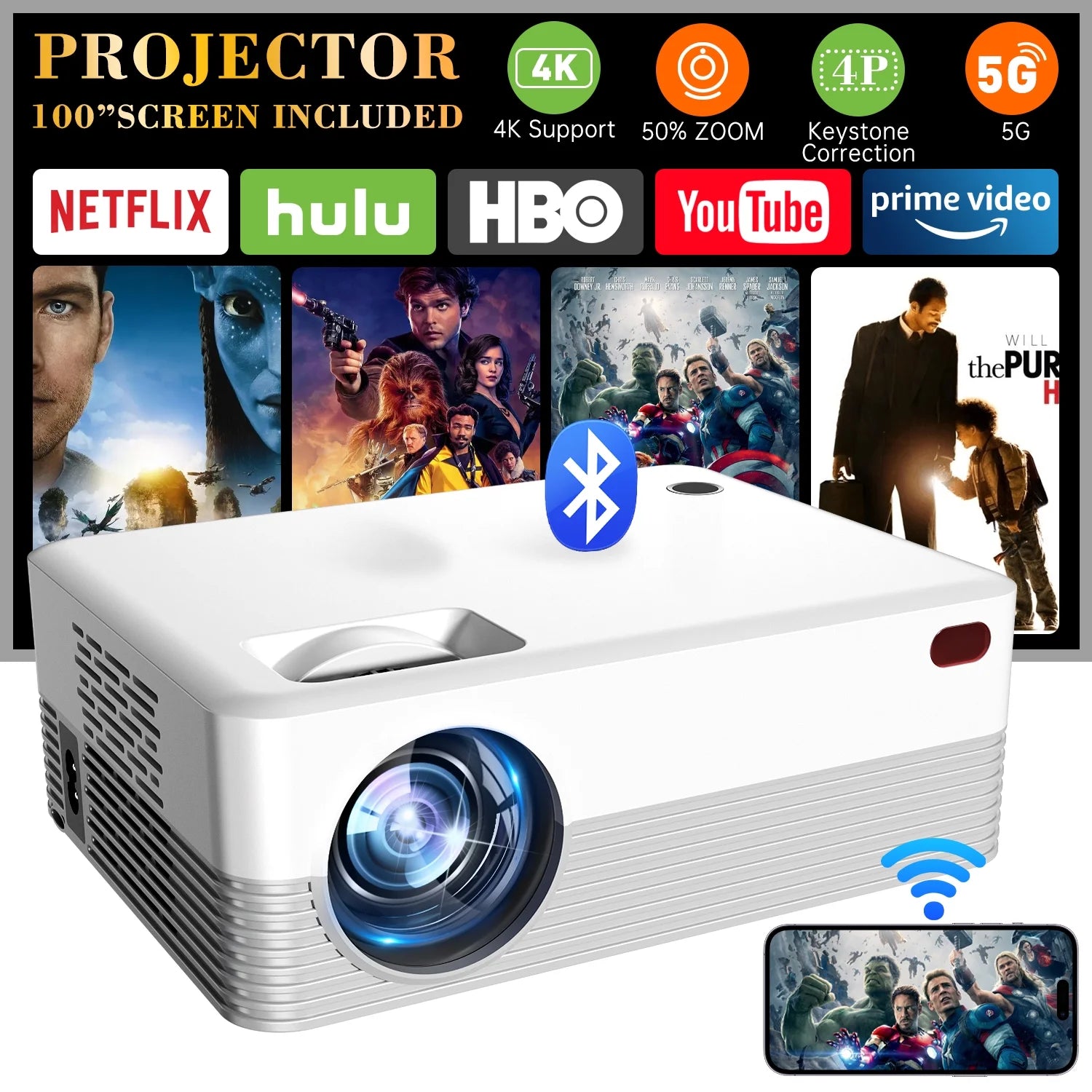 5G Wifi Projector with Bluetooth, 2024 Upgrade Native 1080P Projector for Outdoor & Camping, Mini Movie Projector Support 4K Resolution, Wireless & Wired Projector for Home & Camping & Party