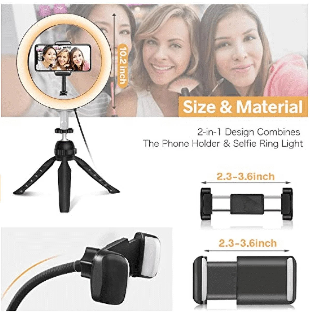 10" LED Selfie Ring Light with Tripod Stand & Phone Holder, Dimmable Desk Makeup Ring Light, Perfect for Live Streaming & Youtube Video, Photography, 3 Light Modes and 11 Brightness Levels