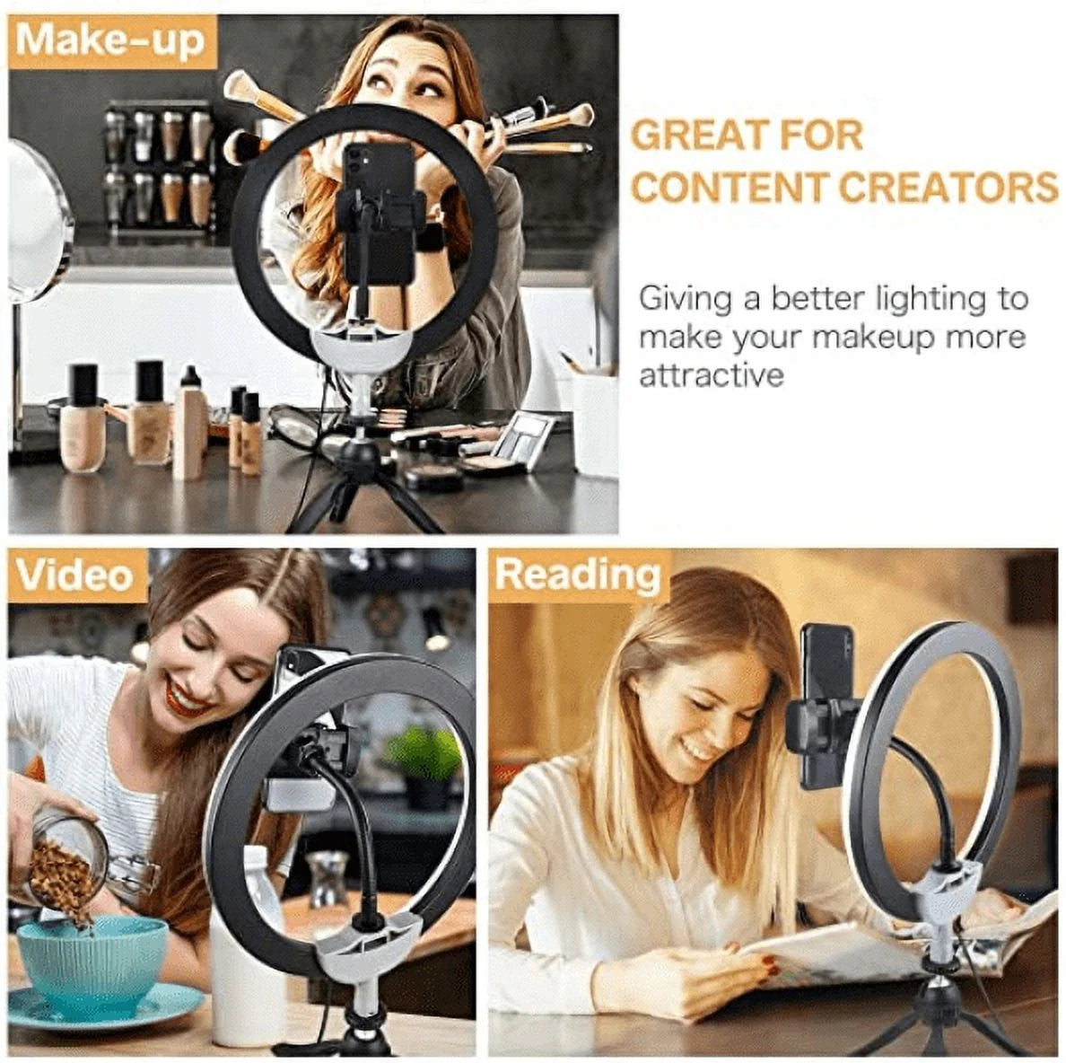 10" LED Selfie Ring Light with Tripod Stand & Phone Holder, Dimmable Desk Makeup Ring Light, Perfect for Live Streaming & Youtube Video, Photography, 3 Light Modes and 11 Brightness Levels